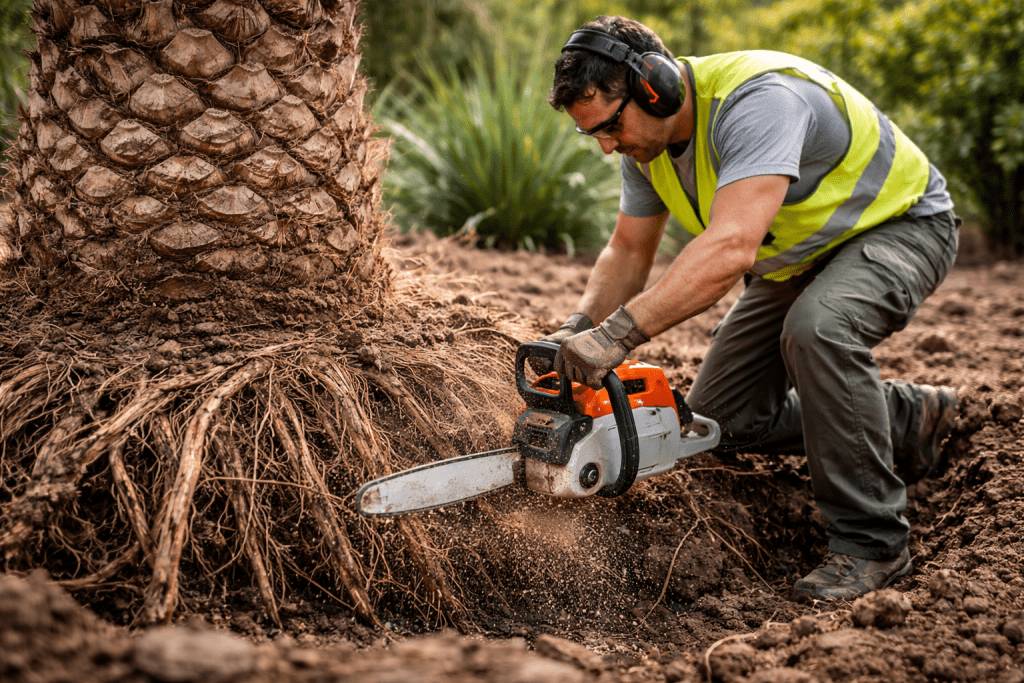couper les racines d'un palmier
